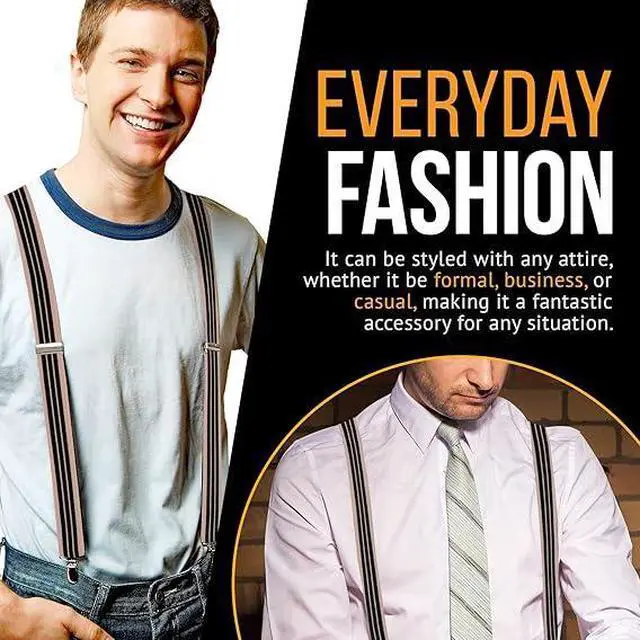 Alt view image 3 of 7 - Hold'Em X-Back Men's Suspenders, Adjustable and Stretchable Suspenders for Men, Durable Straight Clip-on Suspenders, Men Accessories for Casual and Formal Outfits, Beige and Black Stripes