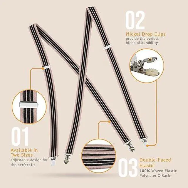 Alt view image 4 of 7 - Hold'Em X-Back Men's Suspenders, Adjustable and Stretchable Suspenders for Men, Durable Straight Clip-on Suspenders, Men Accessories for Casual and Formal Outfits, Beige and Black Stripes