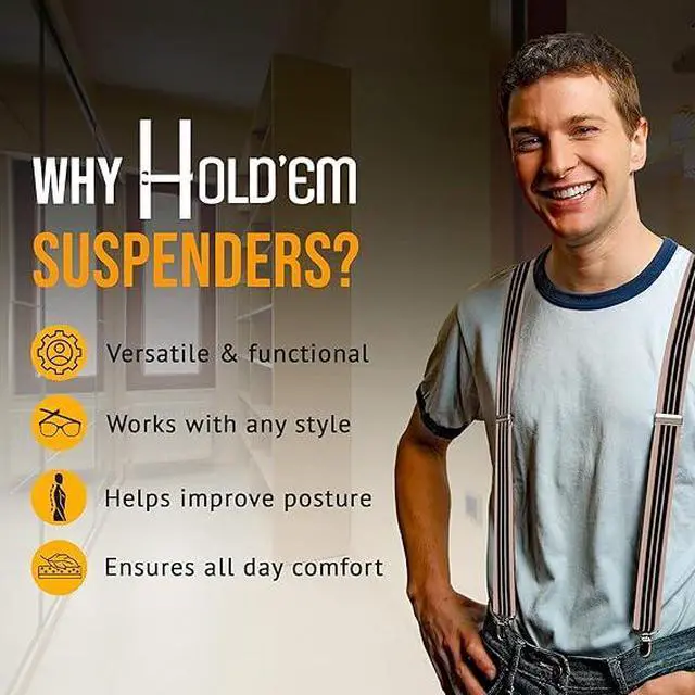 Alt view image 2 of 7 - Hold'Em X-Back Men's Suspenders, Adjustable and Stretchable Suspenders for Men, Durable Straight Clip-on Suspenders, Men Accessories for Casual and Formal Outfits, Beige and Black Stripes