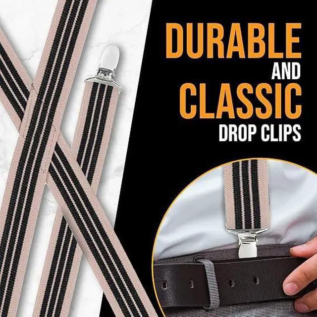 Alt view image 5 of 7 - Hold'Em X-Back Men's Suspenders, Adjustable and Stretchable Suspenders for Men, Durable Straight Clip-on Suspenders, Men Accessories for Casual and Formal Outfits, Beige and Black Stripes