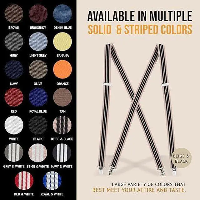 Alt view image 7 of 7 - Hold'Em X-Back Men's Suspenders, Adjustable and Stretchable Suspenders for Men, Durable Straight Clip-on Suspenders, Men Accessories for Casual and Formal Outfits, Beige and Black Stripes