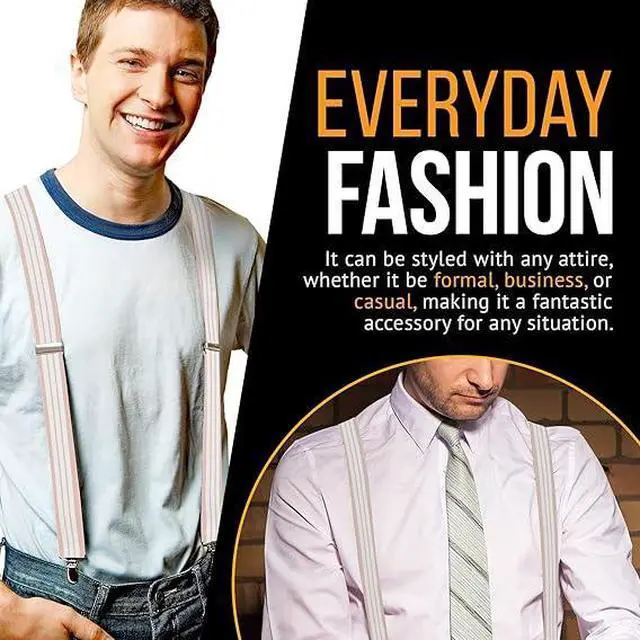 Alt view image 2 of 7 - Hold'Em X-Back Men's Suspenders, Adjustable and Stretchable Suspenders for Men, Durable Straight Clip-on Suspenders, Men Accessories for Casual and Formal Outfits, Beige & White Stripes
