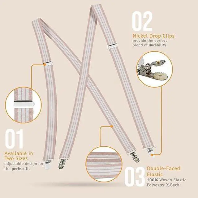 Alt view image 3 of 7 - Hold'Em X-Back Men's Suspenders, Adjustable and Stretchable Suspenders for Men, Durable Straight Clip-on Suspenders, Men Accessories for Casual and Formal Outfits, Beige & White Stripes