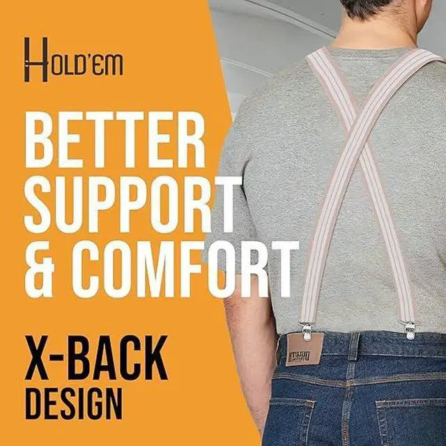 Alt view image 5 of 7 - Hold'Em X-Back Men's Suspenders, Adjustable and Stretchable Suspenders for Men, Durable Straight Clip-on Suspenders, Men Accessories for Casual and Formal Outfits, Beige & White Stripes
