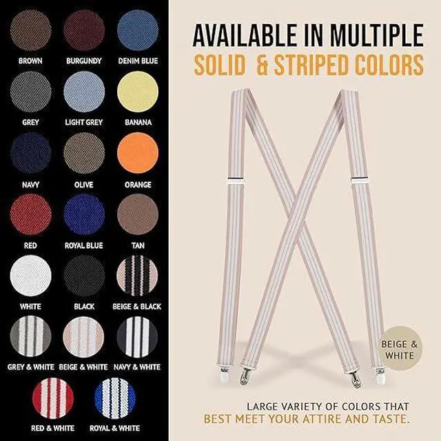 Alt view image 6 of 7 - Hold'Em X-Back Men's Suspenders, Adjustable and Stretchable Suspenders for Men, Durable Straight Clip-on Suspenders, Men Accessories for Casual and Formal Outfits, Beige & White Stripes