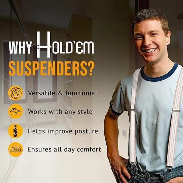 Alt view image 7 of 7 - Hold'Em X-Back Men's Suspenders, Adjustable and Stretchable Suspenders for Men, Durable Straight Clip-on Suspenders, Men Accessories for Casual and Formal Outfits, Beige & White Stripes