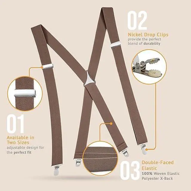 Alt view image 3 of 7 - Hold'Em X-Back Men's Suspenders, Adjustable and Stretchable Suspenders for Men, Durable Straight Clip-on Suspenders, Men Accessories for Casual and Formal Outfits, 46 inches, Tan