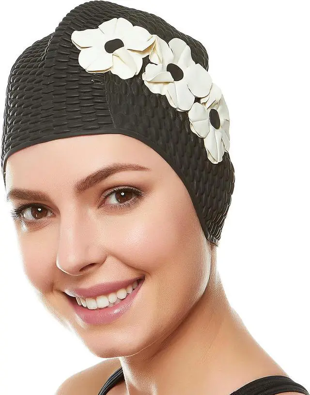 Main image of Beemo Latex Swimming Cap for Women, Swim Cap for Long Hair or Short Hair, Bath & Swim Caps to Shield Hair from Damage, Use as Large Shower Cap, Black Swimming Cap with White Flowers