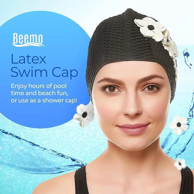 Alt view image 2 of 7 - Beemo Latex Swimming Cap for Women, Swim Cap for Long Hair or Short Hair, Bath & Swim Caps to Shield Hair from Damage, Use as Large Shower Cap, Black Swimming Cap with White Flowers