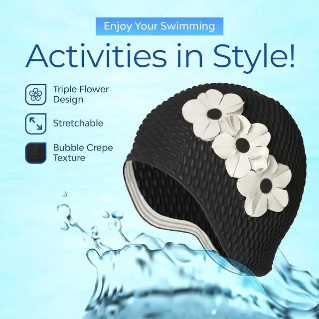 Alt view image 3 of 7 - Beemo Latex Swimming Cap for Women, Swim Cap for Long Hair or Short Hair, Bath & Swim Caps to Shield Hair from Damage, Use as Large Shower Cap, Black Swimming Cap with White Flowers