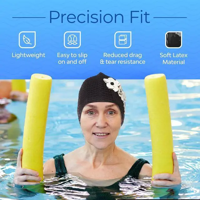 Alt view image 4 of 7 - Beemo Latex Swimming Cap for Women, Swim Cap for Long Hair or Short Hair, Bath & Swim Caps to Shield Hair from Damage, Use as Large Shower Cap, Black Swimming Cap with White Flowers