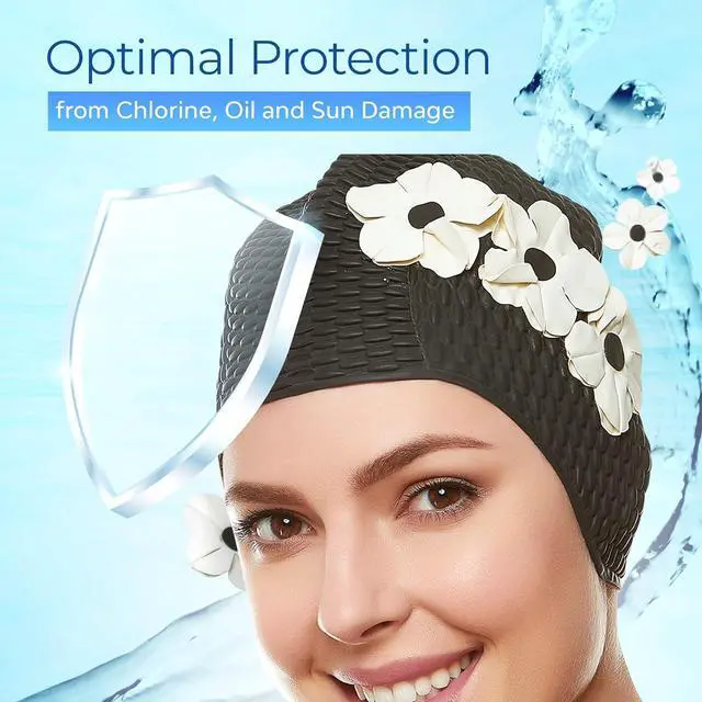 Alt view image 5 of 7 - Beemo Latex Swimming Cap for Women, Swim Cap for Long Hair or Short Hair, Bath & Swim Caps to Shield Hair from Damage, Use as Large Shower Cap, Black Swimming Cap with White Flowers