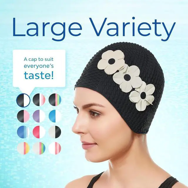 Alt view image 6 of 7 - Beemo Latex Swimming Cap for Women, Swim Cap for Long Hair or Short Hair, Bath & Swim Caps to Shield Hair from Damage, Use as Large Shower Cap, Black Swimming Cap with White Flowers