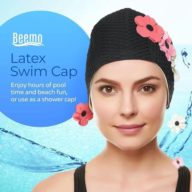 Alt view image 2 of 7 - Beemo Latex Swimming Cap for Women, Swim Cap for Long Hair or Short Hair, Bath & Swim Caps to Shield Hair from Damage, Use as Large Shower Cap, Black Swimming Cap with Pink & White Flowers