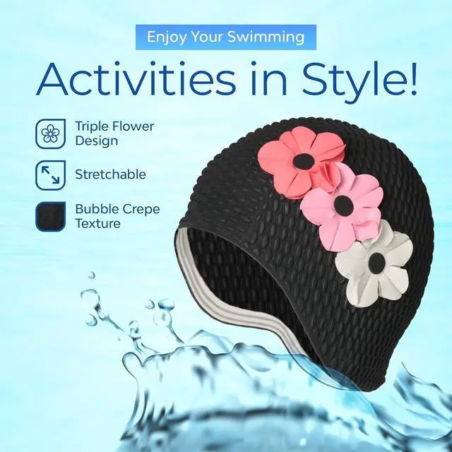 Alt view image 3 of 7 - Beemo Latex Swimming Cap for Women, Swim Cap for Long Hair or Short Hair, Bath & Swim Caps to Shield Hair from Damage, Use as Large Shower Cap, Black Swimming Cap with Pink & White Flowers