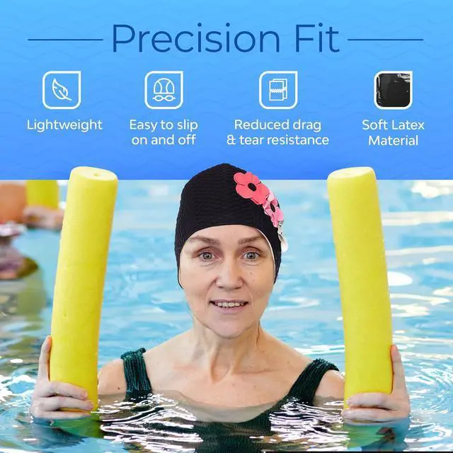 Alt view image 4 of 7 - Beemo Latex Swimming Cap for Women, Swim Cap for Long Hair or Short Hair, Bath & Swim Caps to Shield Hair from Damage, Use as Large Shower Cap, Black Swimming Cap with Pink & White Flowers