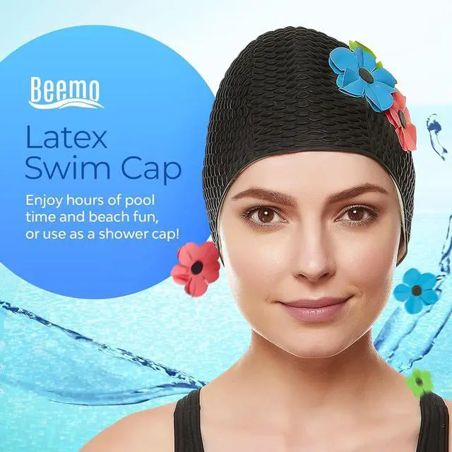 Alt view image 2 of 7 - Beemo Latex Swimming Cap for Women, Swim Cap for Long Hair or Short Hair, Bath & Swim Caps to Shield Hair from Damage, Use as Large Shower Cap, Black Swimming Cap with Pink, Green & Blue Flowers