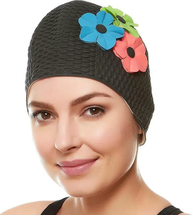 Main image of Beemo Latex Swimming Cap for Women, Swim Cap for Long Hair or Short Hair, Bath & Swim Caps to Shield Hair from Damage, Use as Large Shower Cap, Black Swimming Cap with Pink, Green & Blue Flowers