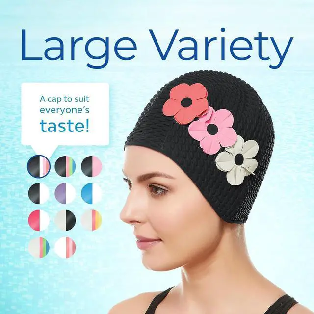 Alt view image 6 of 7 - Beemo Latex Swimming Cap for Women, Swim Cap for Long Hair or Short Hair, Bath & Swim Caps to Shield Hair from Damage, Use as Large Shower Cap, Black Swimming Cap with Pink & White Flowers