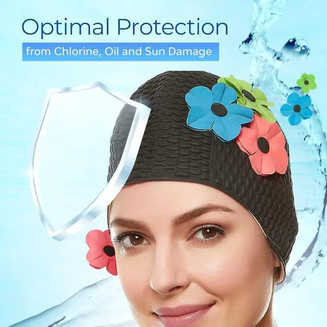 Alt view image 5 of 7 - Beemo Latex Swimming Cap for Women, Swim Cap for Long Hair or Short Hair, Bath & Swim Caps to Shield Hair from Damage, Use as Large Shower Cap, Black Swimming Cap with Pink, Green & Blue Flowers