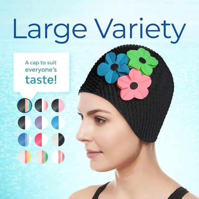 Alt view image 6 of 7 - Beemo Latex Swimming Cap for Women, Swim Cap for Long Hair or Short Hair, Bath & Swim Caps to Shield Hair from Damage, Use as Large Shower Cap, Black Swimming Cap with Pink, Green & Blue Flowers