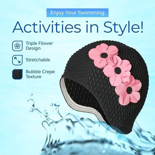 Alt view image 3 of 7 - Beemo Latex Swimming Cap for Women, Swim Cap for Long Hair or Short Hair, Bath & Swim Caps to Shield Hair from Damage, Use as Large Shower Cap, Black Swimming Cap with Pink, Flowers