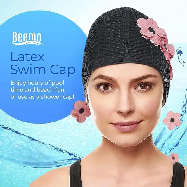 Alt view image 2 of 7 - Beemo Latex Swimming Cap for Women, Swim Cap for Long Hair or Short Hair, Bath & Swim Caps to Shield Hair from Damage, Use as Large Shower Cap, Black Swimming Cap with Pink, Flowers