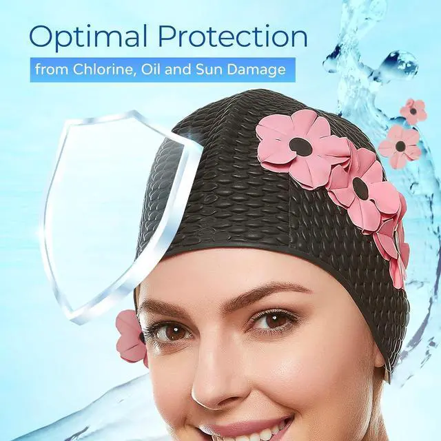 Alt view image 5 of 7 - Beemo Latex Swimming Cap for Women, Swim Cap for Long Hair or Short Hair, Bath & Swim Caps to Shield Hair from Damage, Use as Large Shower Cap, Black Swimming Cap with Pink, Flowers