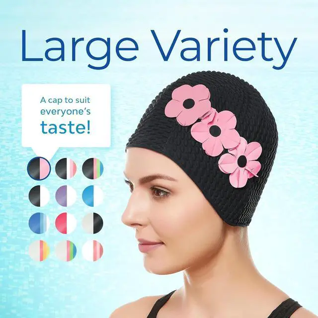 Alt view image 6 of 7 - Beemo Latex Swimming Cap for Women, Swim Cap for Long Hair or Short Hair, Bath & Swim Caps to Shield Hair from Damage, Use as Large Shower Cap, Black Swimming Cap with Pink, Flowers