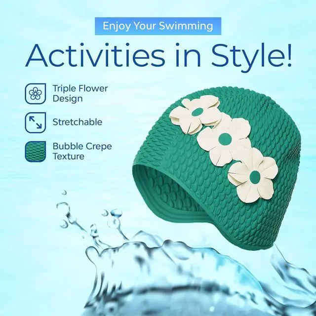 Alt view image 3 of 7 - Beemo Swim Bathing Caps for Women Latex Triple Flowers-Green w/White Flowers