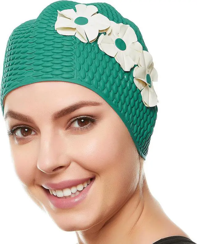 Main image of Beemo Swim Bathing Caps for Women Latex Triple Flowers-Green w/White Flowers