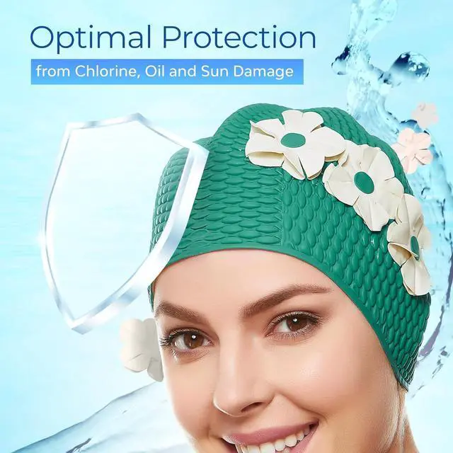 Alt view image 5 of 7 - Beemo Swim Bathing Caps for Women Latex Triple Flowers-Green w/White Flowers