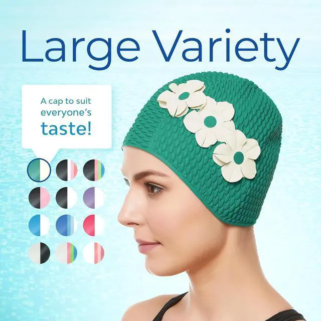 Alt view image 6 of 7 - Beemo Swim Bathing Caps for Women Latex Triple Flowers-Green w/White Flowers