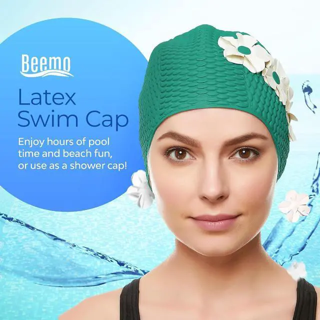 Alt view image 2 of 7 - Beemo Swim Bathing Caps for Women Latex Triple Flowers-Green w/White Flowers
