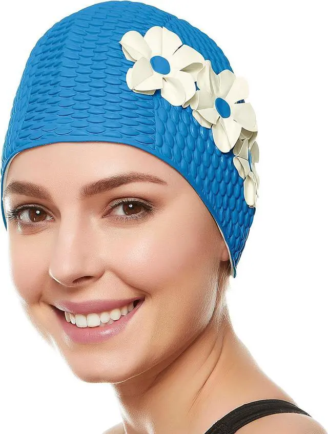 Main image of Beemo Latex Swimming Cap for Women, Swim Cap for Long Hair or Short Hair, Bath & Swim Caps to Shield Hair from Damage, Use as Large Shower Cap, Light Blue Swimming Cap with White Flowers