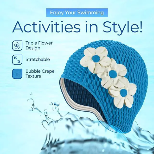 Alt view image 3 of 7 - Beemo Latex Swimming Cap for Women, Swim Cap for Long Hair or Short Hair, Bath & Swim Caps to Shield Hair from Damage, Use as Large Shower Cap, Light Blue Swimming Cap with White Flowers