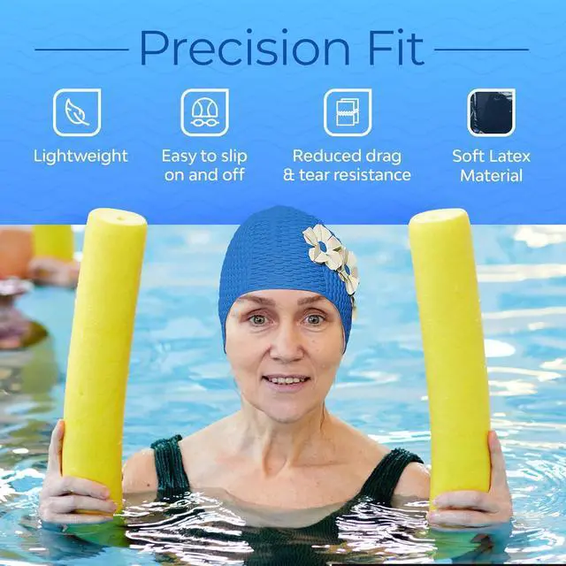 Alt view image 4 of 7 - Beemo Latex Swimming Cap for Women, Swim Cap for Long Hair or Short Hair, Bath & Swim Caps to Shield Hair from Damage, Use as Large Shower Cap, Light Blue Swimming Cap with White Flowers