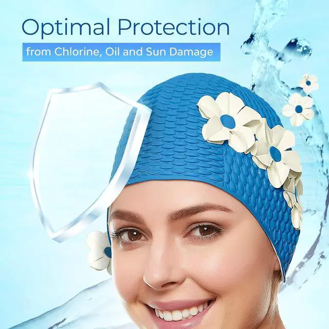Alt view image 5 of 7 - Beemo Latex Swimming Cap for Women, Swim Cap for Long Hair or Short Hair, Bath & Swim Caps to Shield Hair from Damage, Use as Large Shower Cap, Light Blue Swimming Cap with White Flowers