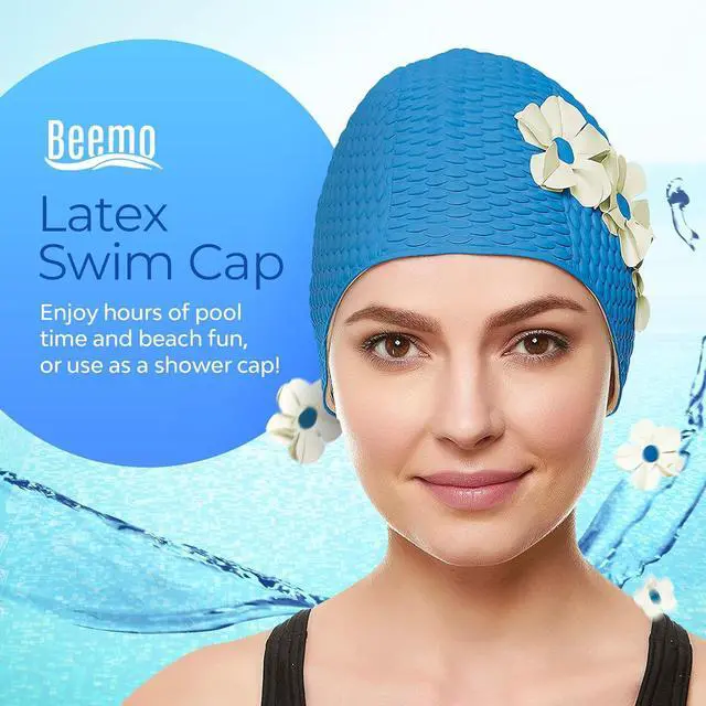 Alt view image 2 of 7 - Beemo Latex Swimming Cap for Women, Swim Cap for Long Hair or Short Hair, Bath & Swim Caps to Shield Hair from Damage, Use as Large Shower Cap, Light Blue Swimming Cap with White Flowers