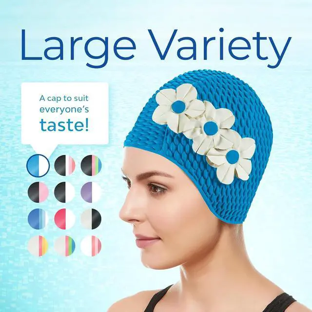 Alt view image 6 of 7 - Beemo Latex Swimming Cap for Women, Swim Cap for Long Hair or Short Hair, Bath & Swim Caps to Shield Hair from Damage, Use as Large Shower Cap, Light Blue Swimming Cap with White Flowers