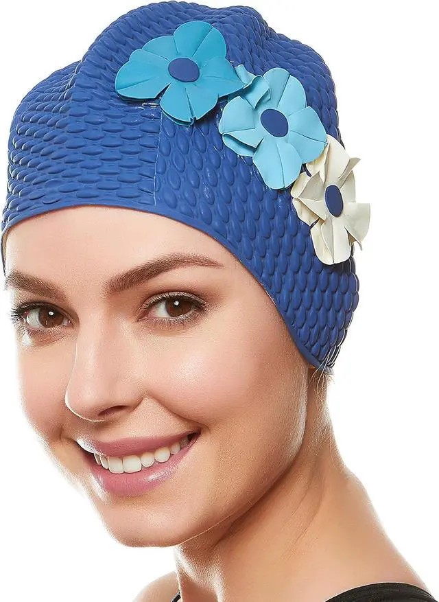Main image of Beemo Latex Swimming Cap for Women, Swim Cap for Long Hair or Short Hair, Bath & Swim Caps to Shield Hair from Damage, Use as Large Shower Cap, Navy Swimming Cap with Blue & White Flowers