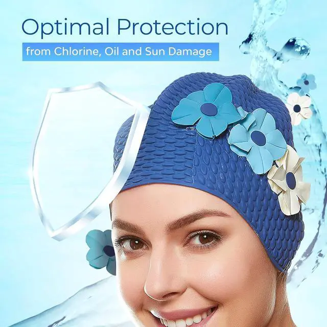 Alt view image 5 of 7 - Beemo Latex Swimming Cap for Women, Swim Cap for Long Hair or Short Hair, Bath & Swim Caps to Shield Hair from Damage, Use as Large Shower Cap, Navy Swimming Cap with Blue & White Flowers