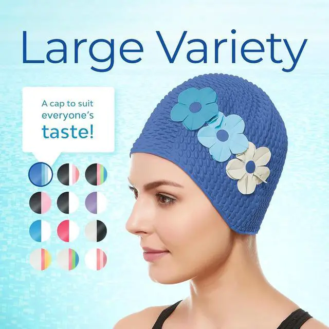Alt view image 6 of 7 - Beemo Latex Swimming Cap for Women, Swim Cap for Long Hair or Short Hair, Bath & Swim Caps to Shield Hair from Damage, Use as Large Shower Cap, Navy Swimming Cap with Blue & White Flowers