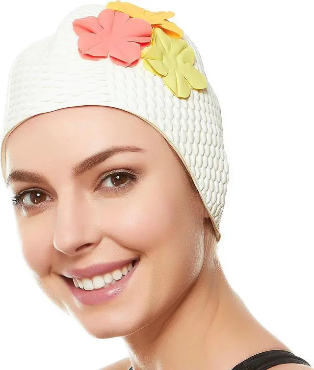 Main image of Beemo Latex Swimming Cap for Women, Swim Cap for Long Hair or Short Hair, Bath & Swim Caps to Shield Hair from Damage, Use as Large Shower Cap, White Swimming Cap with Pink & Yellow Flowers