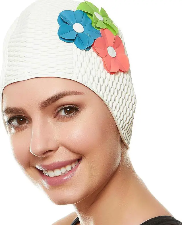 Main image of Beemo Latex Swimming Cap for Women, Swim Cap for Long Hair or Short Hair, Bath & Swim Caps to Shield Hair from Damage, Use as Large Shower Cap, White Swimming Cap with Green, Blue & Pink Flowers
