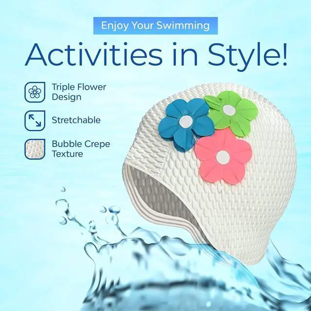 Alt view image 3 of 7 - Beemo Latex Swimming Cap for Women, Swim Cap for Long Hair or Short Hair, Bath & Swim Caps to Shield Hair from Damage, Use as Large Shower Cap, White Swimming Cap with Green, Blue & Pink Flowers