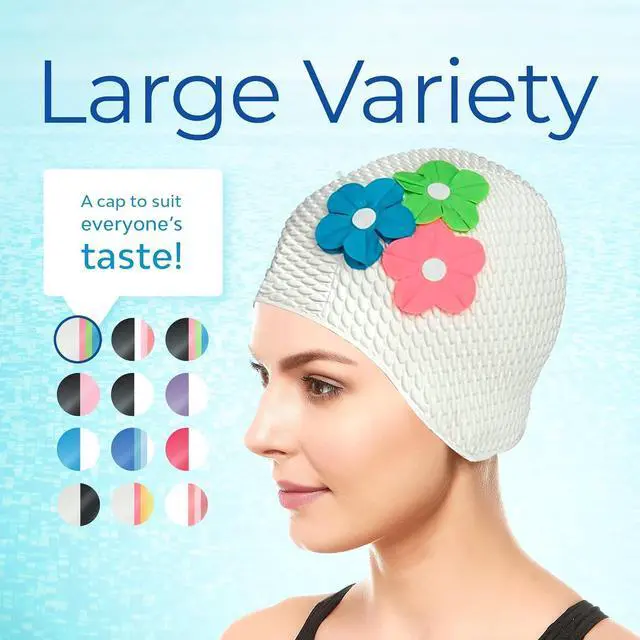 Alt view image 6 of 7 - Beemo Latex Swimming Cap for Women, Swim Cap for Long Hair or Short Hair, Bath & Swim Caps to Shield Hair from Damage, Use as Large Shower Cap, White Swimming Cap with Green, Blue & Pink Flowers