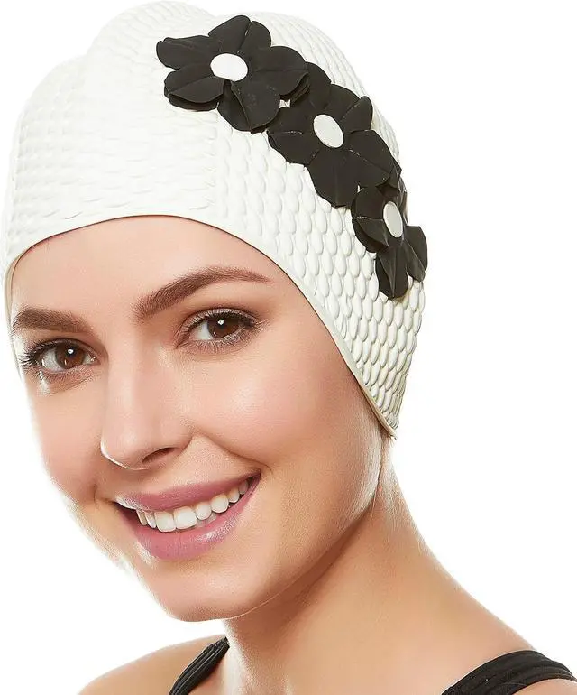 Main image of Beemo Latex Swimming Cap for Women, Swim Cap for Long Hair or Short Hair, Bath & Swim Caps to Shield Hair from Damage, Use as Large Shower Cap, White Swimming Cap with Black Flowers