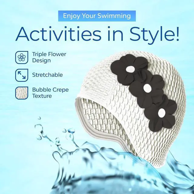 Alt view image 3 of 7 - Beemo Latex Swimming Cap for Women, Swim Cap for Long Hair or Short Hair, Bath & Swim Caps to Shield Hair from Damage, Use as Large Shower Cap, White Swimming Cap with Black Flowers