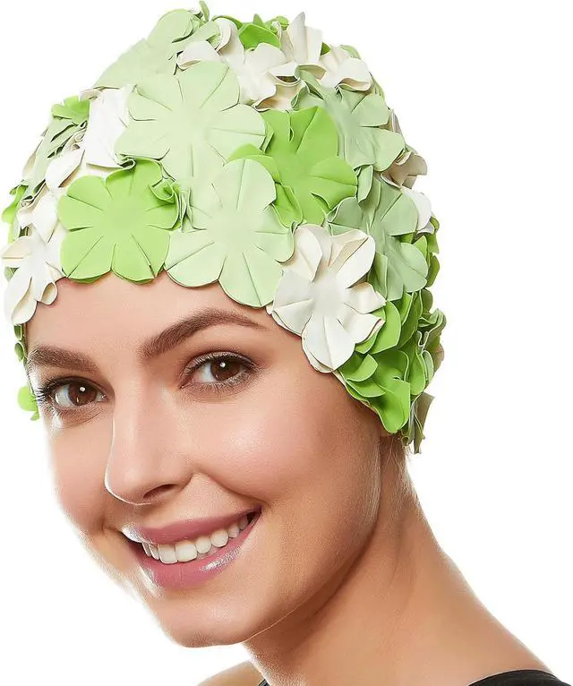 Main image of Beemo Floral Petal Ladies Bathing Swim Cap - Green/White